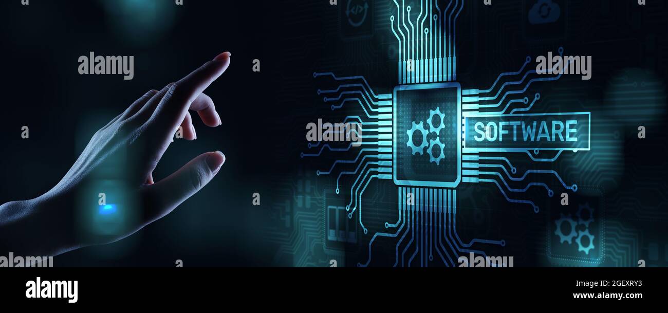 Softwareentwicklung und Automatisierung von Geschäftsprozessen, Internet- und Technologiekonzept auf virtuellem Bildschirm. Stockfoto