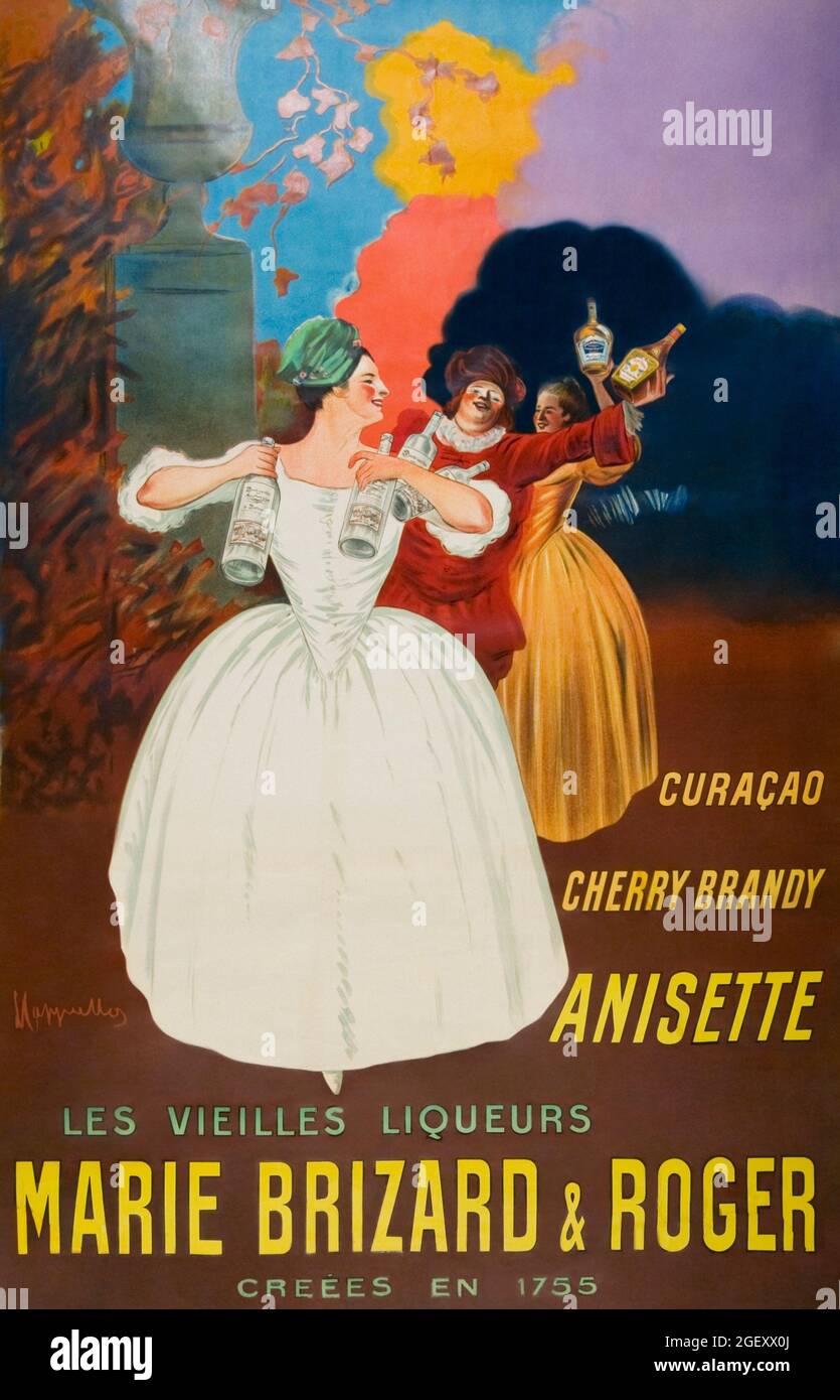 Die alten Liköre Marie Brizard & Roger (1912) drucken in hoher Auflösung von Leonetto Cappiello. Jugendstil. Stockfoto