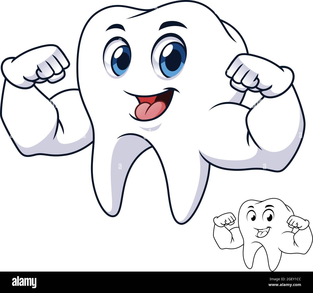 Starker Zahn zeigt Armmuskeln mit Linienkunstzeichnung, Gesundheit und Zahnmedizin, Vektor-Charakterillustration, Cartoon Mascot Logo. Stock Vektor