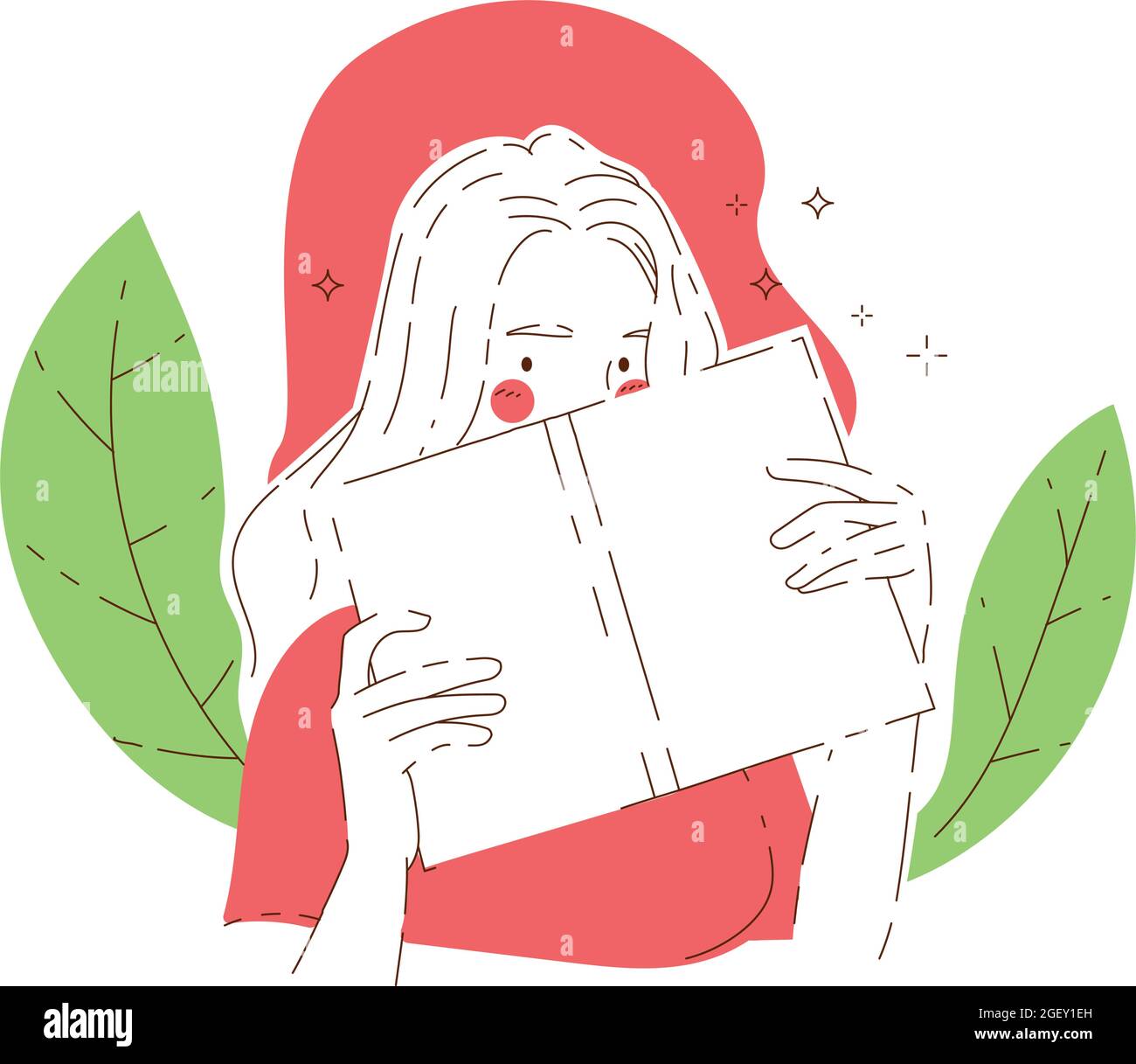 Frau gucke von hinten geöffnetes Buch vor grüne Blätter, die ihr die Hälfte ihres Gesichts zeigen. Handgezeichnete Vektorgrafik-Illustrationen. Stock Vektor