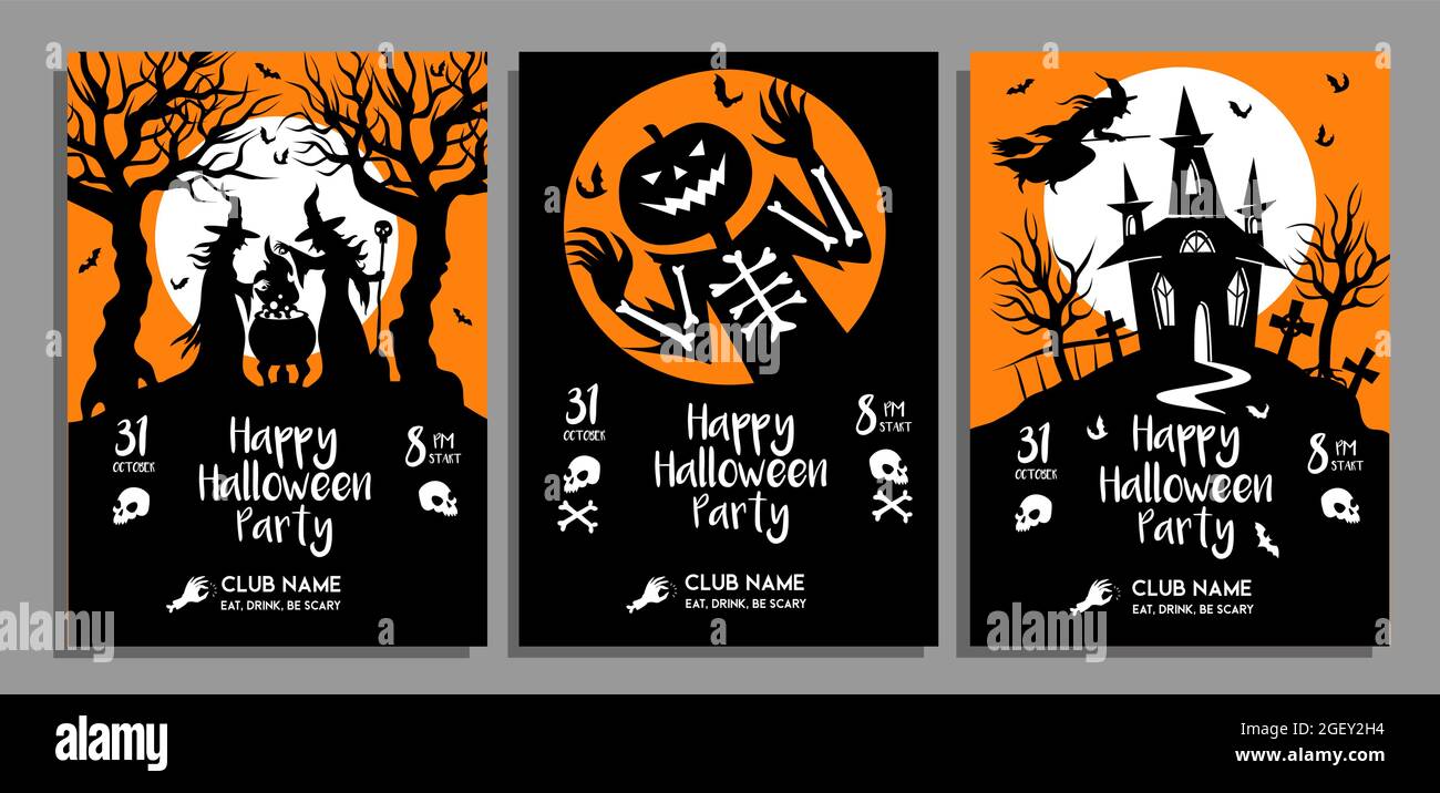 Set Halloween Party Poster in schwarz und orange Farben. Vektor-Design-Vorlage von Einladungen, Einladung, Karten, Flyer, afiche in Cartoon Silhouette s Stock Vektor