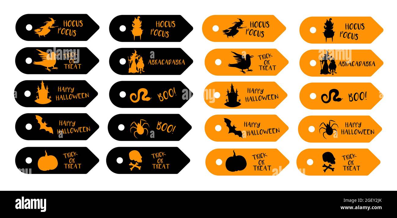 Halloween-Tag-Set. Vector Halloween Tags mit Silhouettenabbildungen in orange und schwarz auf weiß isoliert. Graphic Label Cartoon Kollektion Stock Vektor