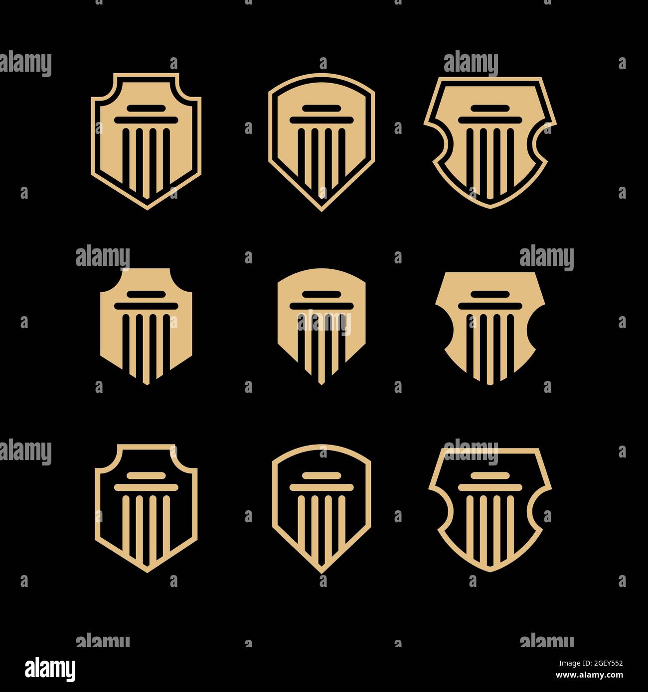 LOGO DER SÄULE. SÄULE MIT SCHILD-LOGO SCHWARZ UND GOLD. SÄULE LUXUS-LOGO VEKTOR-KOLLEKTION.RECHTSANWALT & GESETZ-LOGO Stock Vektor