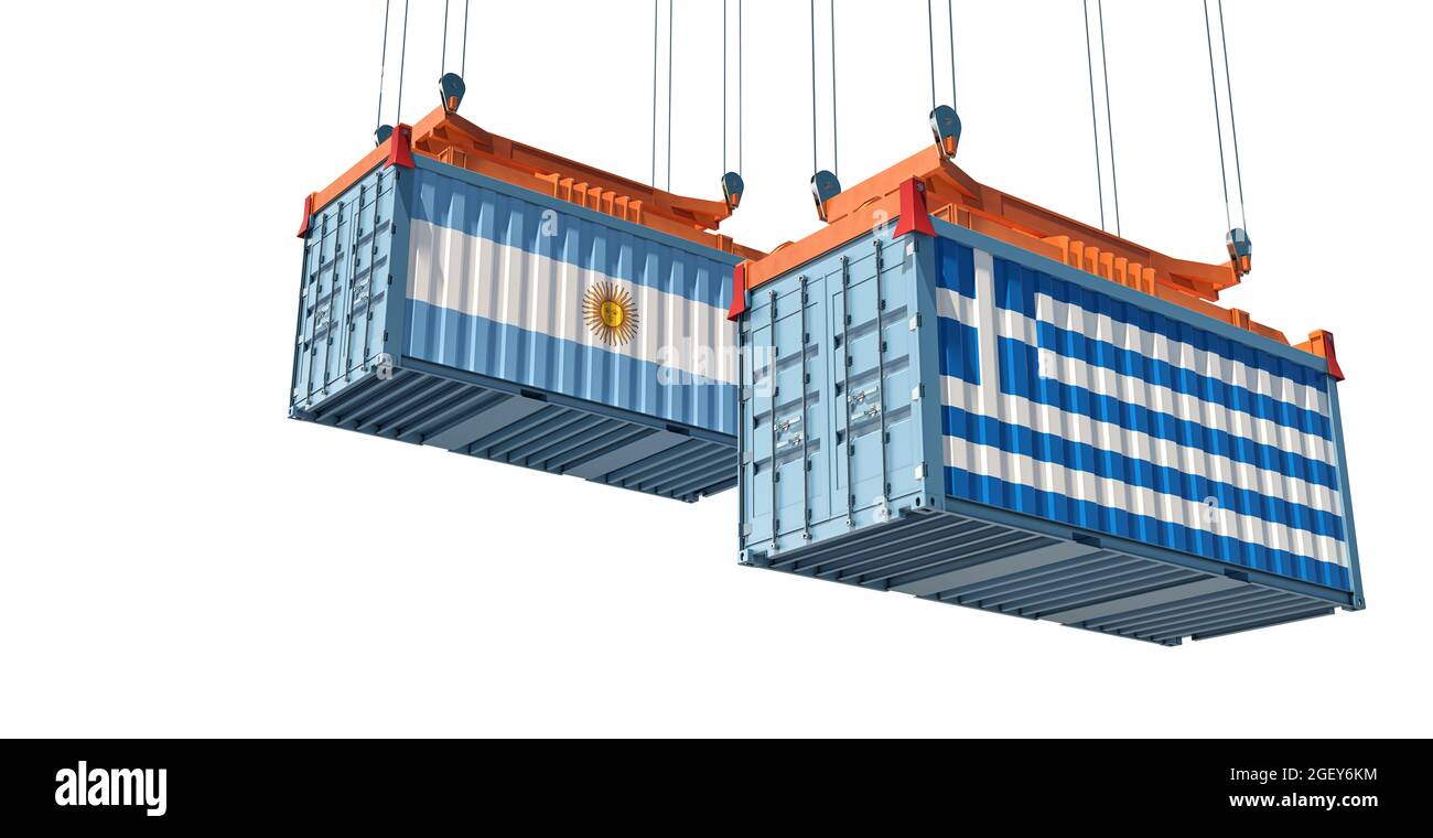 Frachtcontainer mit argentinischen und griechischen Nationalflaggen. 3D-Rendering Stockfoto
