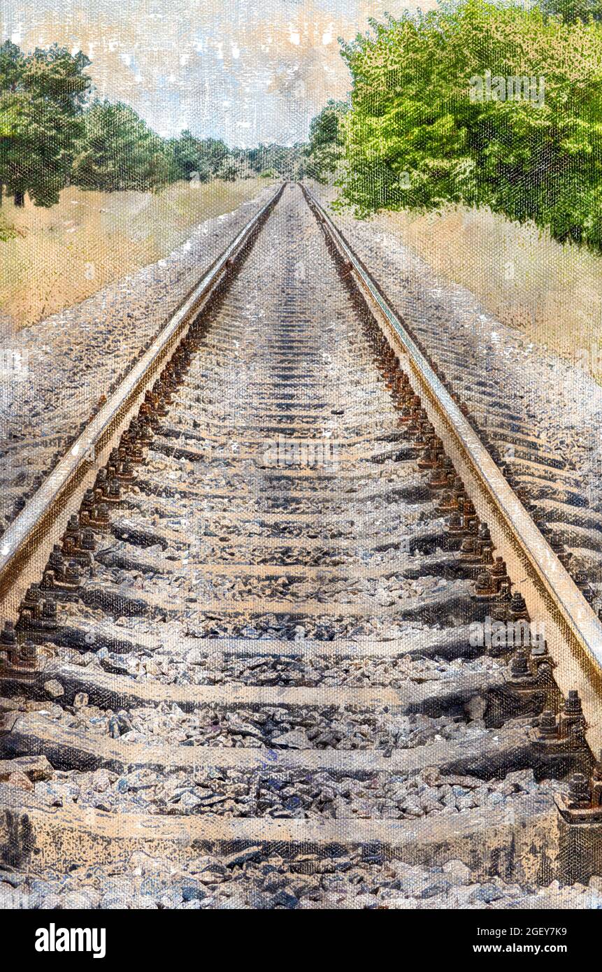 Die Eisenbahn, die in die Ferne fährt. Eine Eisenbahnstrecke zwischen grünen Bäumen. Digitale Aquarellmalerei. Stockfoto