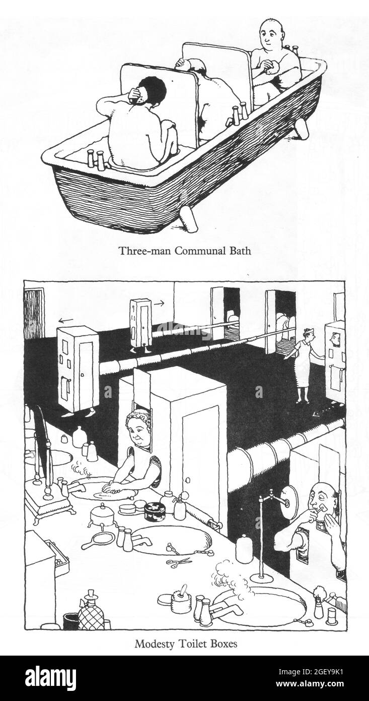 Seite von William Heath Robinson (1872-1944) Erfindungen: Drei-Mann-Gemeinschaftsbad, Modesty Toilet Boxes Stockfoto