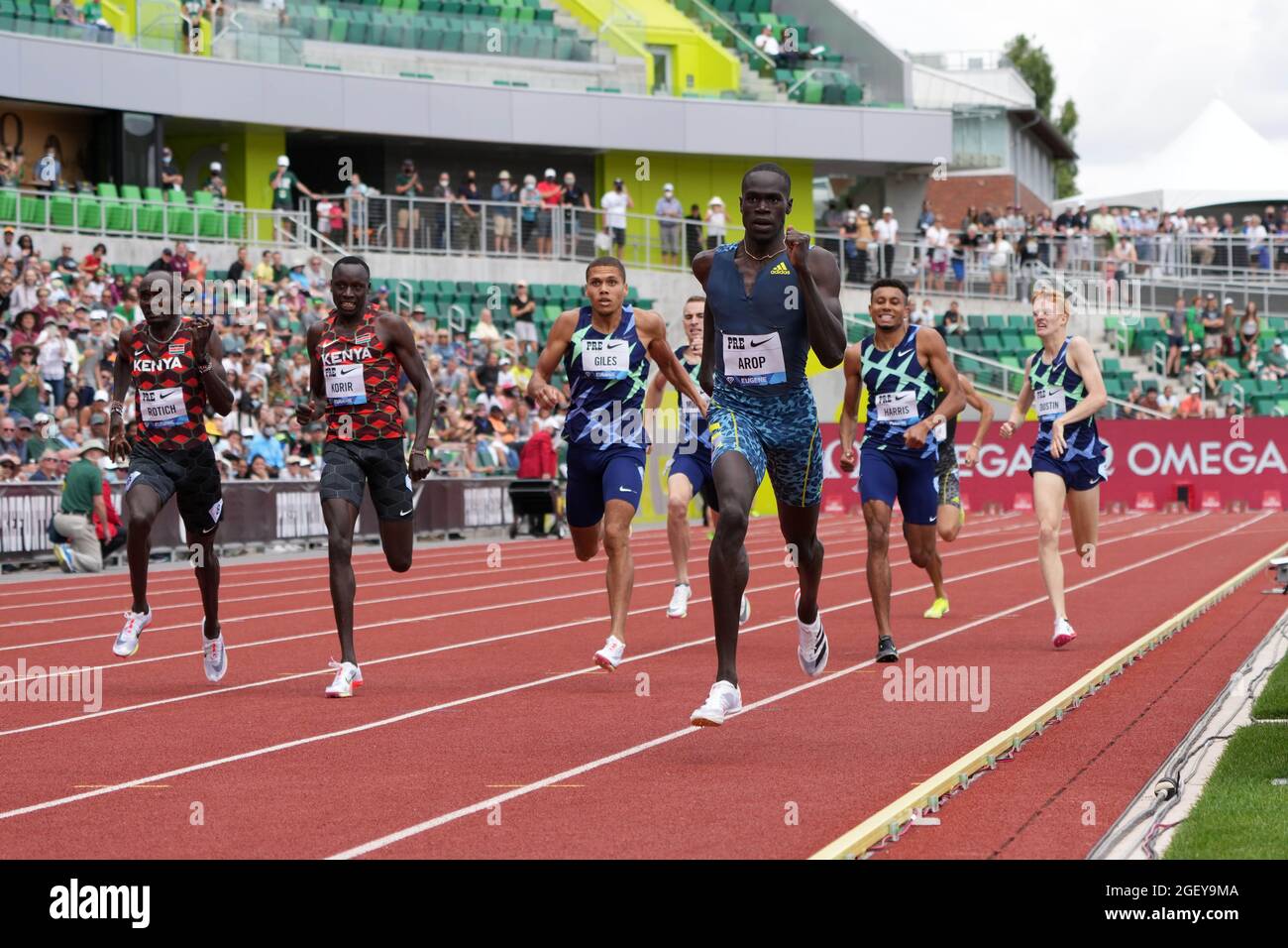 Marco Arop (CAN) gewinnt die 800 m in 1:44.51 während des 46. Prefontaine Classic, Samstag, 21. August 2021, in Eugene, Ore. Stockfoto