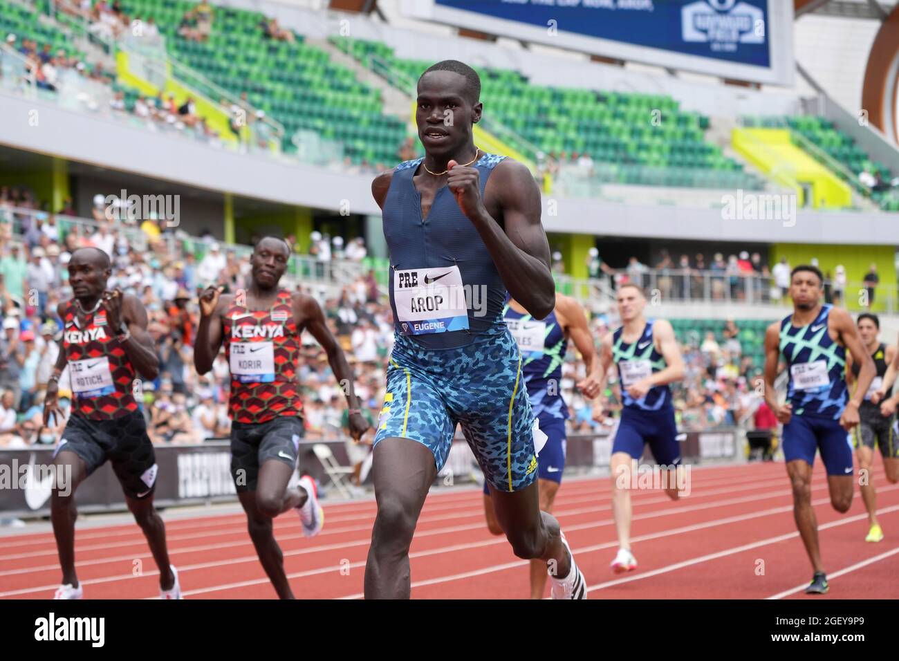 Marco Arop (CAN) gewinnt die 800 m in 1:44.51 während des 46. Prefontaine Classic, Samstag, 21. August 2021, in Eugene, Ore. Stockfoto