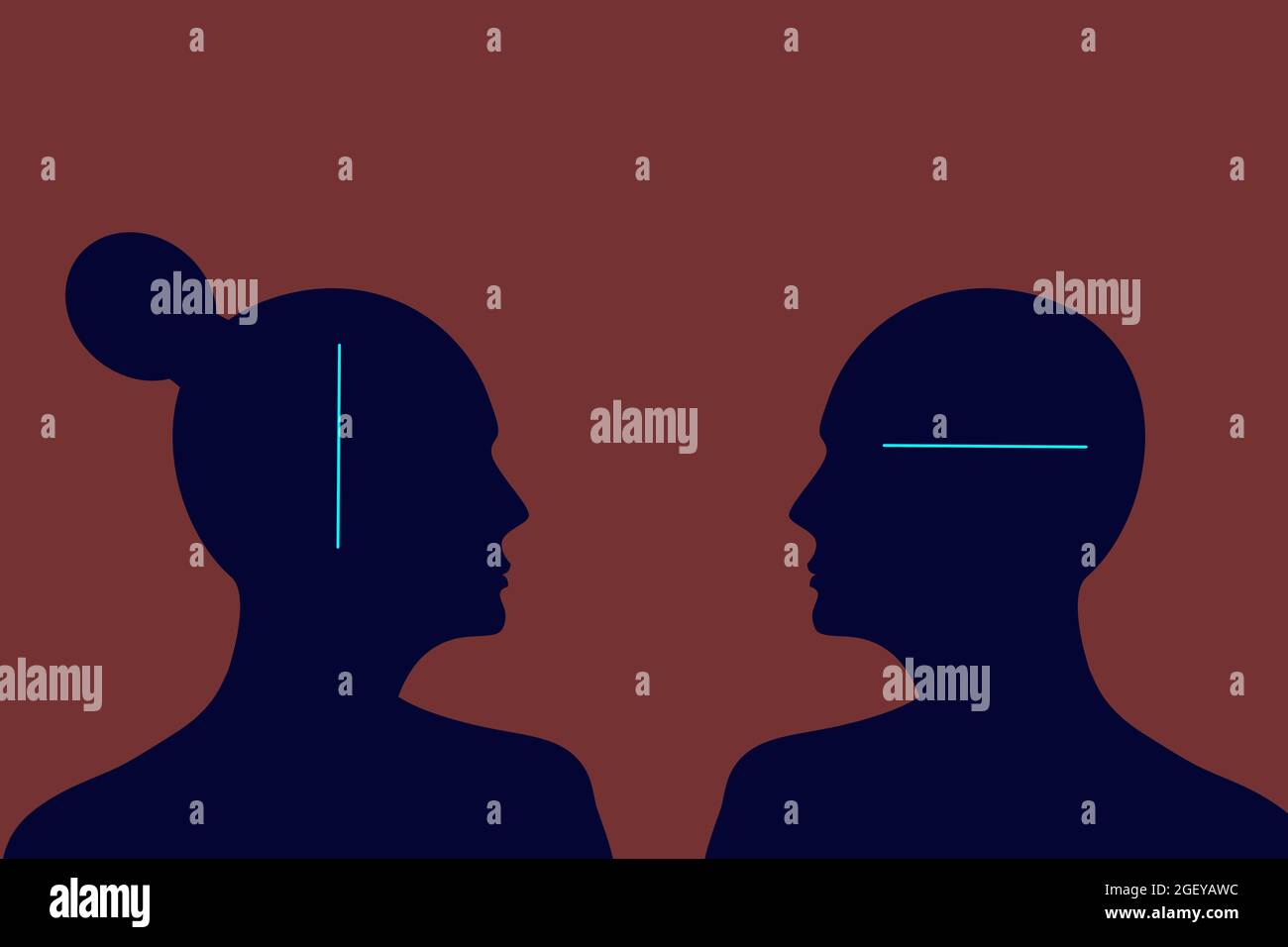 Frau Vertikales Denken und Mann Horizontales Denken. Lineares und laterales Denken im menschlichen Geschlecht. Psychologische Differenz, Denkweise und Proble Stockfoto