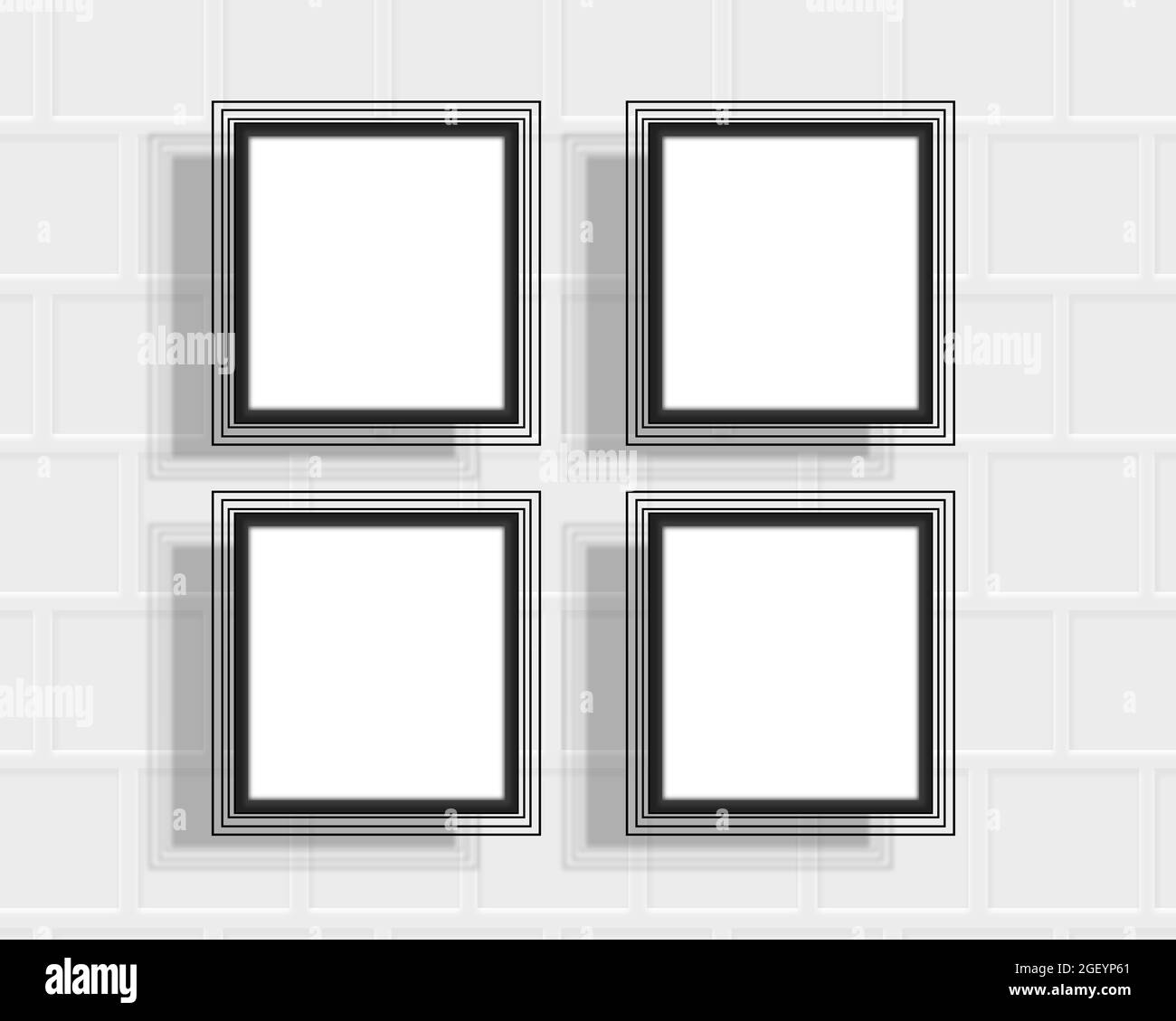 Vier Bilderrahmen auf weißer Ziegelwand mit professioneller Sicht. 3D Square Picture White 4 Rohlinge mit schwarzem Rand und realistischem Schatten. Gemacht für Wand A Stockfoto