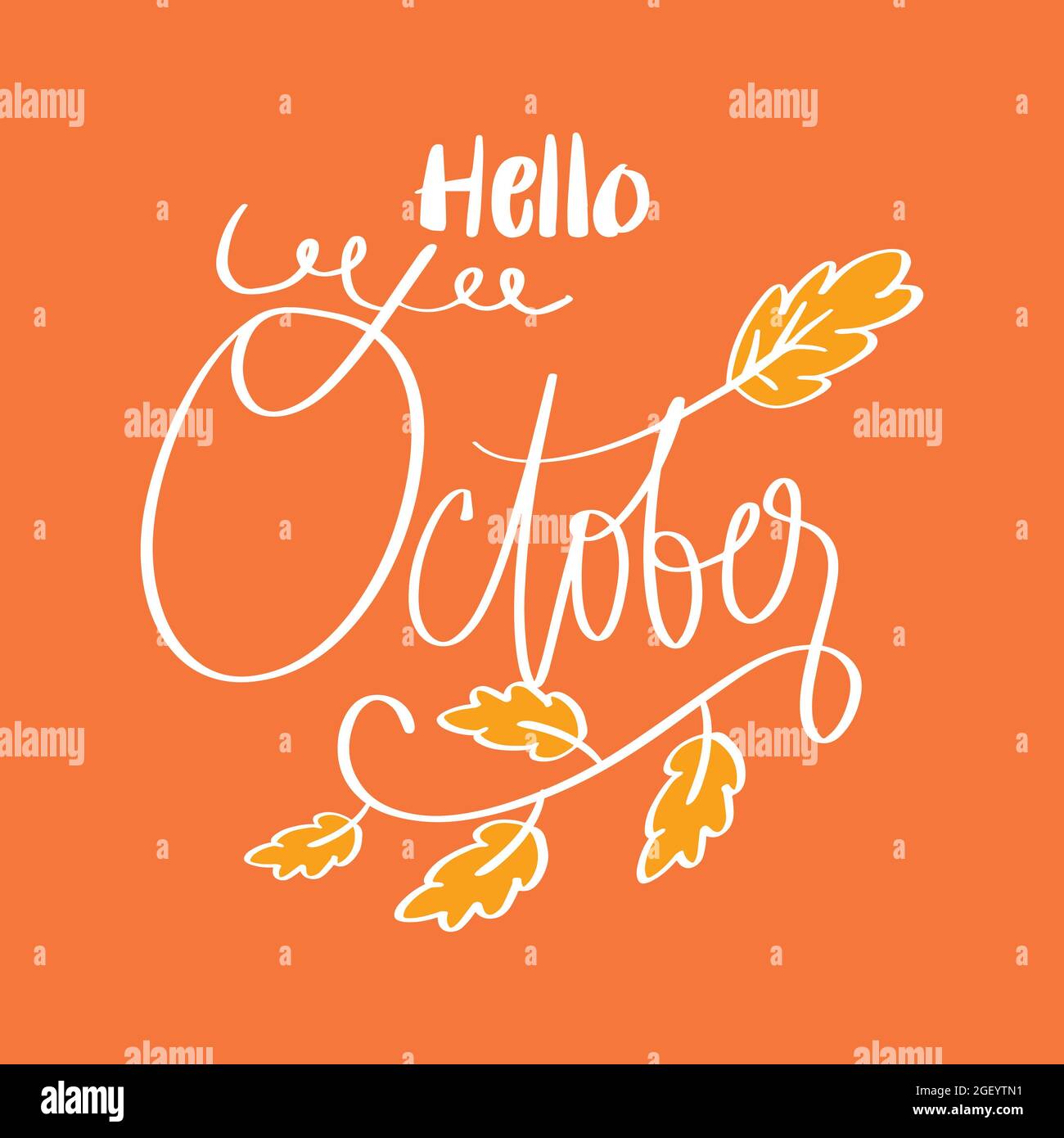 Handgezeichneter „Hello October“-Schriftzug. Grußkartenkonzept. Stockfoto Handgezeichneter „Hello October“-Schriftzug. Grußkartenkonzept. Stockfoto
