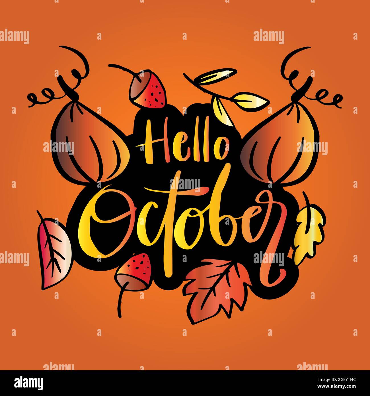 Hello October Hand Lettering Card mit Doodle Kürbis und Blättern. Stockfoto