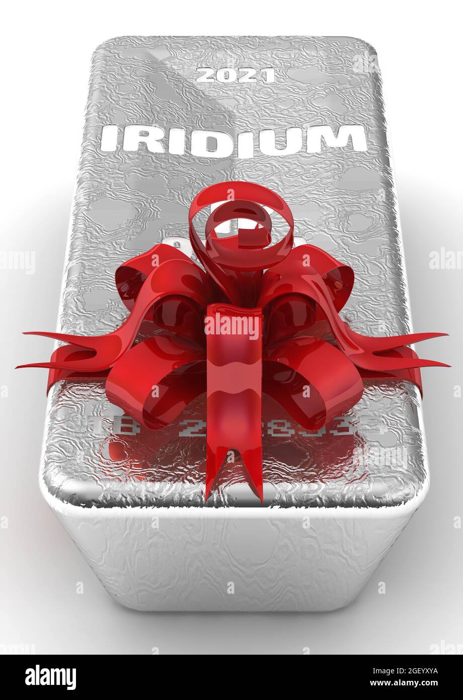 Iridium-Ingot von höchstem Standard als Geschenk. Ein Barren von 999.9 Fine Iridium, gebunden mit einem roten Band und einem Bogen. 3D-Illustration Stockfoto