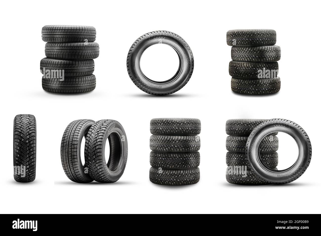 Symbole des Busses Foto. Winter-Set von Nieten Reifen Symbole isolieren auf einem weißen Hintergrund. Stockfoto