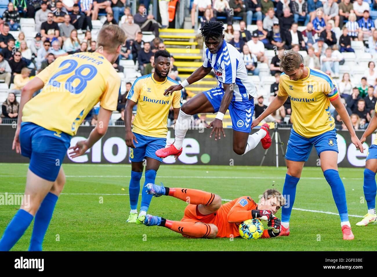 Odense, Dänemark. August 2021. Torwart Mads Hermansen (30) von Broendby IF und Emmanuel Sabbi (119 von ob, gesehen während des 3F Superliga-Spiels zwischen Odense Boldklub und Broendby IF im Nature Energy Park in Odense. (Foto: Gonzales Photo/Alamy Live News Stockfoto