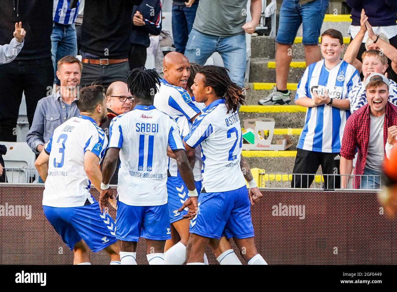 Odense, Dänemark. August 2021. Mart Lieder (9) von ob punktet 2-2 beim 3F Superliga-Spiel zwischen Odense Boldklub und Broendby IF im Nature Energy Park in Odense. (Foto: Gonzales Photo/Alamy Live News Stockfoto