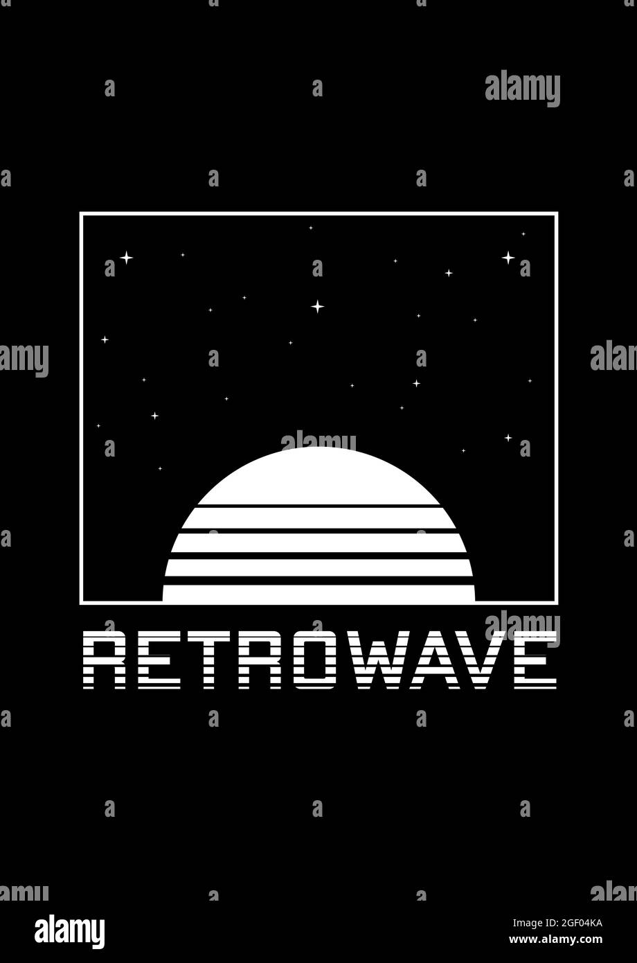 RetroWave T-Shirt und Bekleidungsdesign mit gestreifter Sonne, Sternenhimmel und Schlagzeile RETROWAVE. Die Ästhetik der 1980er Jahre. Schwarz-Weiß-Druck. Vektor Stock Vektor