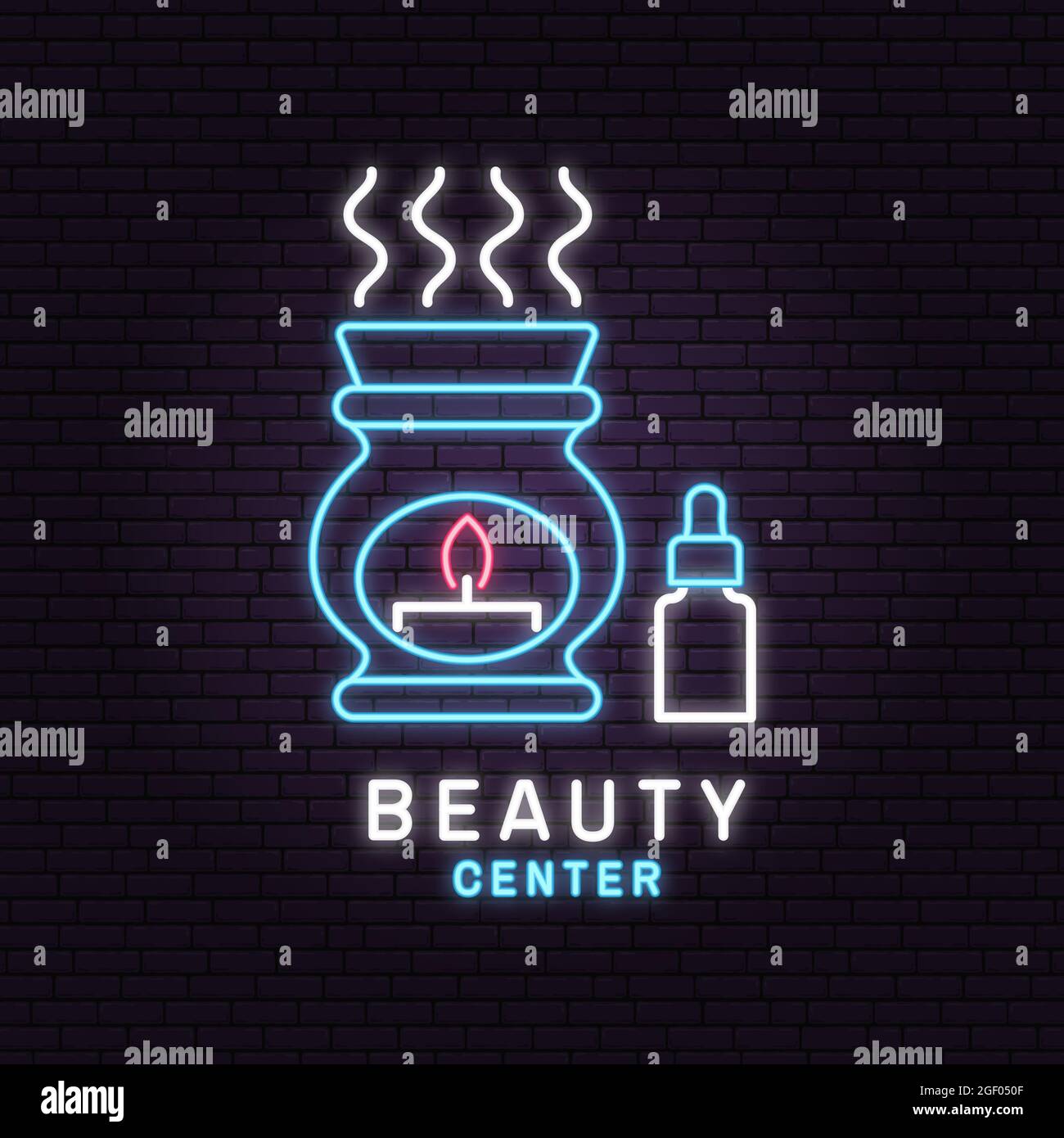 Neonschild. Beauty-Center mit Keramik-Kerze Aroma-Öl-Lampe für Logo, Etikett, Abzeichen, Zeichen, Emblem-Set für Kosmetik, Schmuck, Schönheit und handgefertigt Stock Vektor