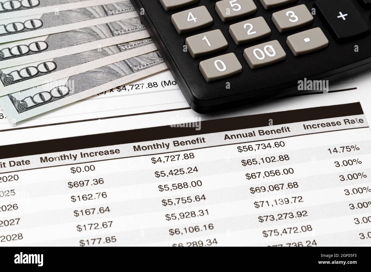 Pensionsleistung Zahlungsbeleg mit Rechner und 100-Dollar-Rechnungen. Pensionsplanung, Sparplan und finanzielles Investitionskonzept Stockfoto