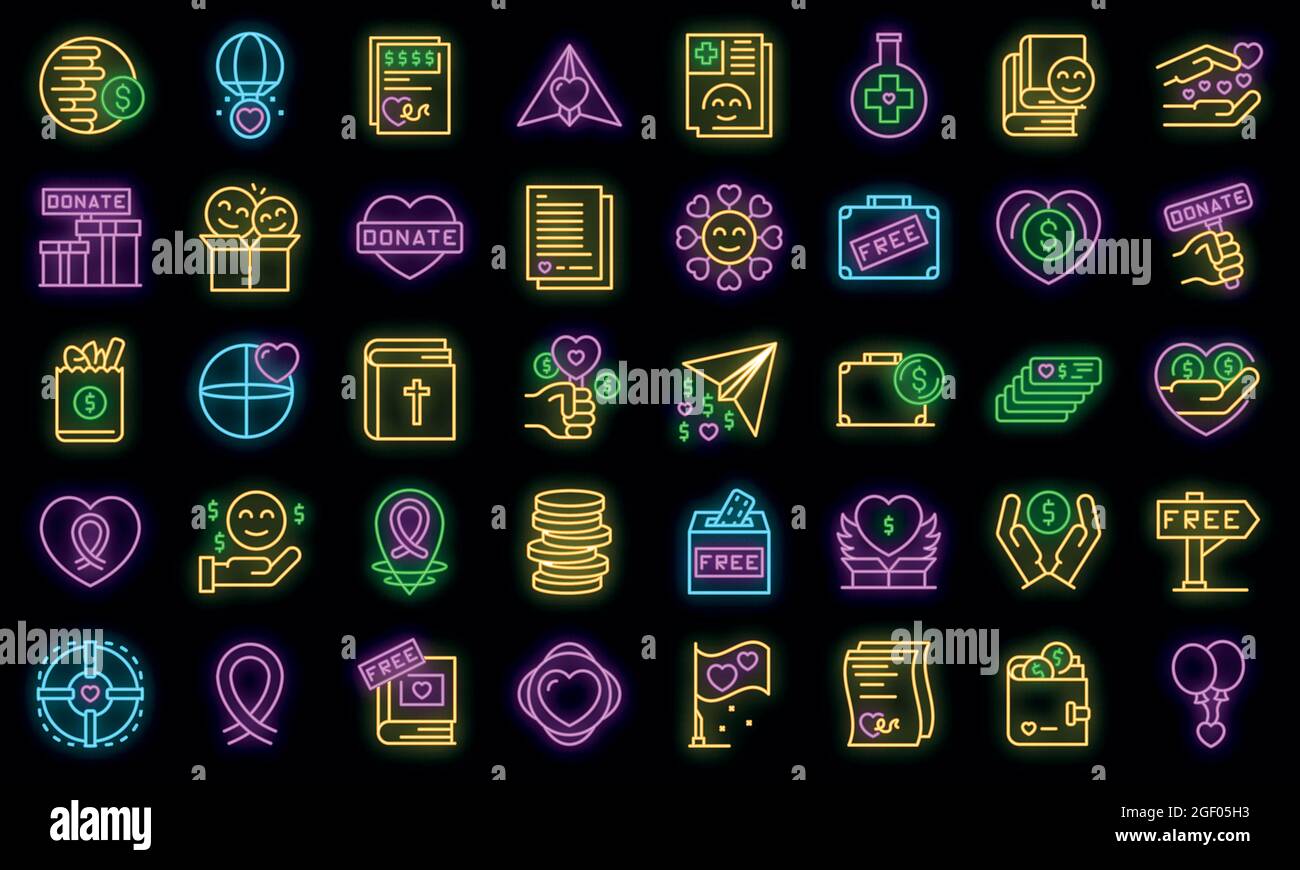 Symbole für wohltätige Spenden. Skizzieren Sie Set von karitativen geben Vektor-Symbole Neonfarbe auf schwarz Stock Vektor
