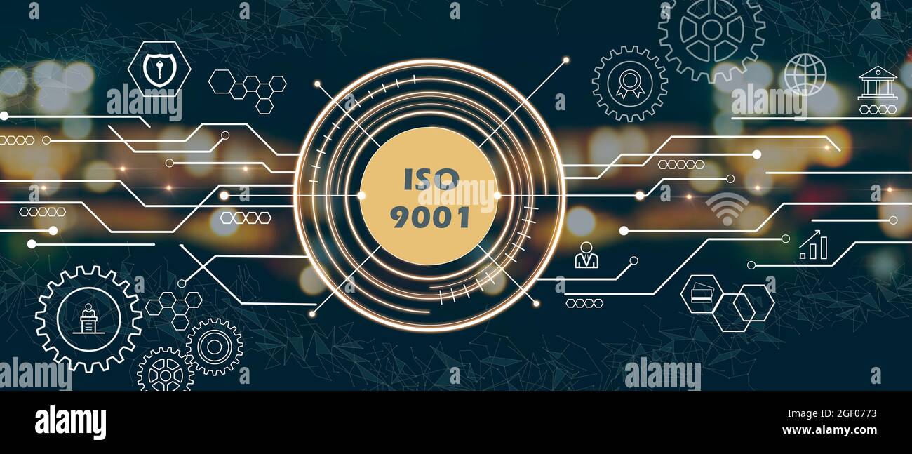 ISO 9001-Symbol. ISO-Normen Qualitätssicherung Gewährleistung Business Technologie Konzept. Gemischte Medien Stockfoto