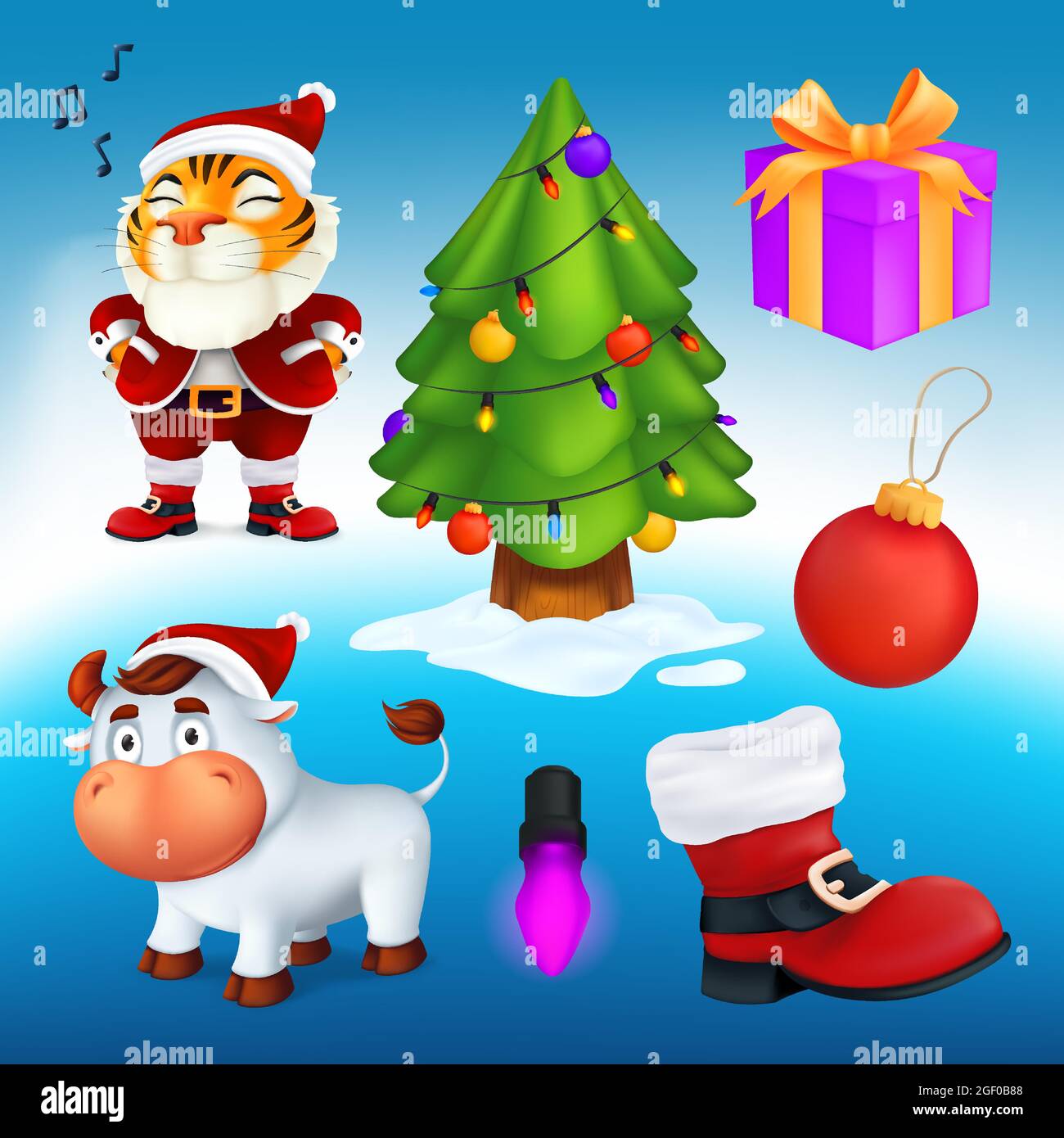 Vektor-Set von Cartoon-Weihnachtsfiguren und Dekorationselemente: Ein Baum, Geschenkbox, roter Stiefel, Girlande-Lampe, Ball, Tiger in Santa's Kostüm, weiß BU Stock Vektor