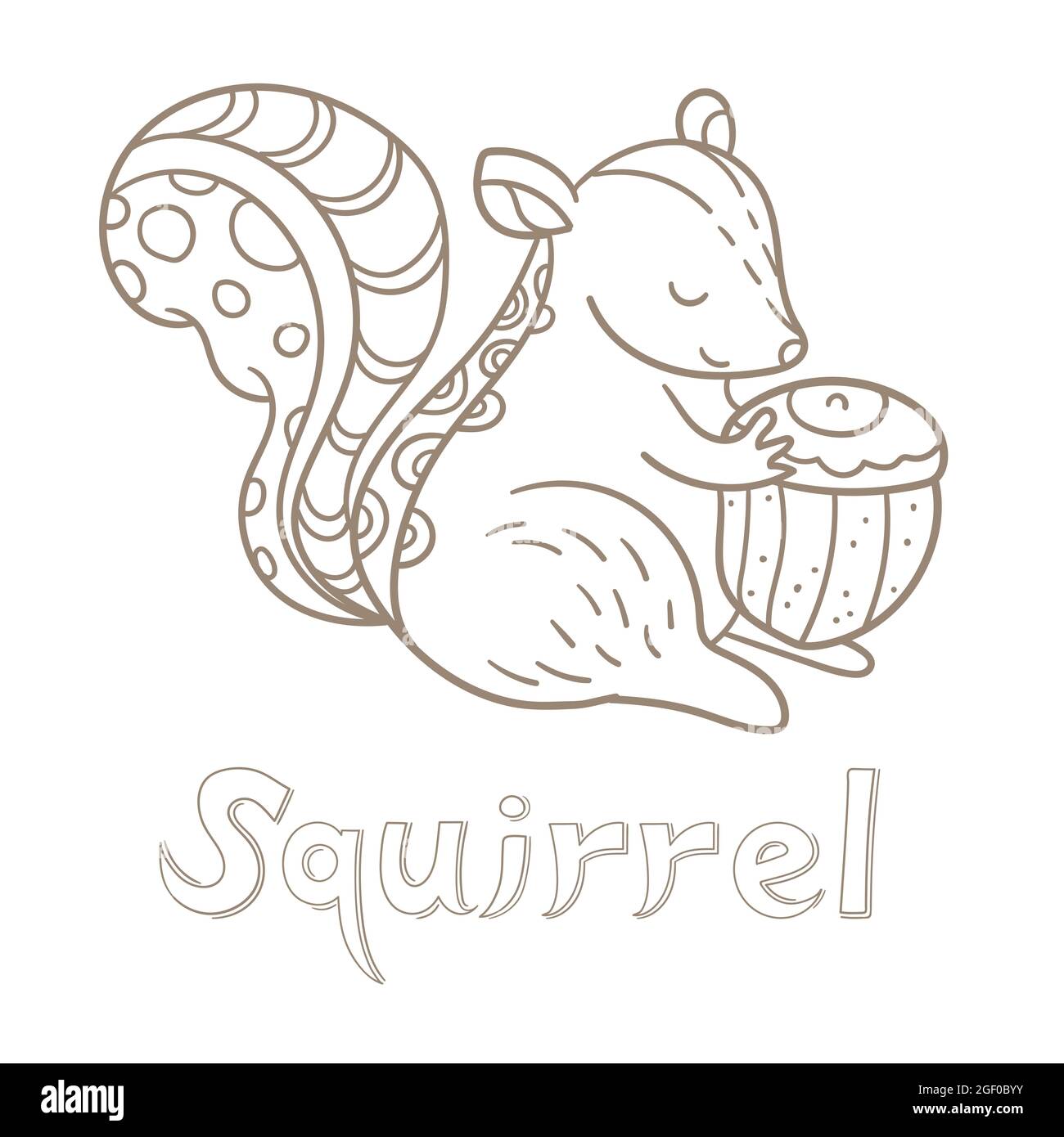 Eichhörnchen nimmt eine Eichel. Vektorgrafik. Alphabet-Karte. Niedliche Cartoon Tier Karte. Stock Vektor
