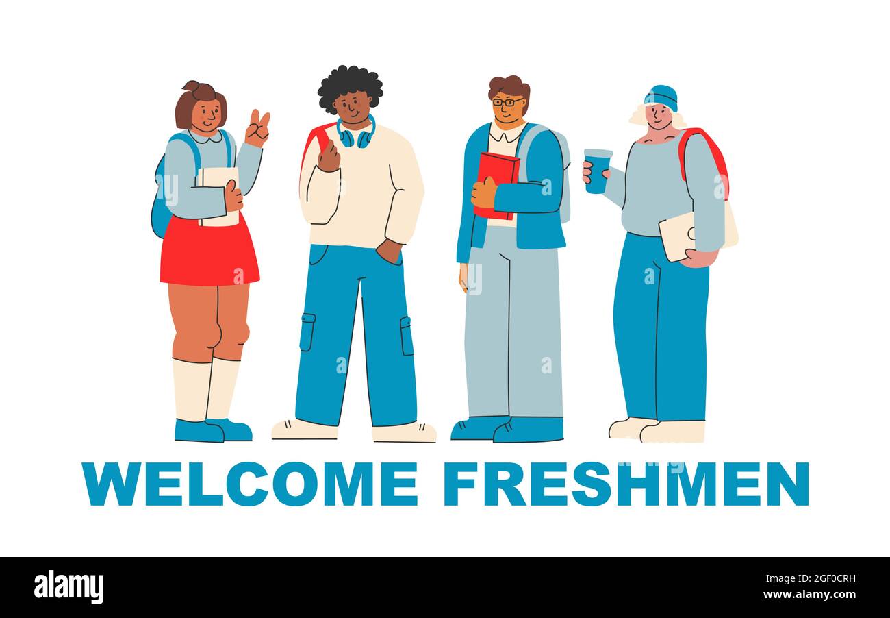 Neulinge willkommen. Nette Illustration für die Begrüßung neuer College- und Universitätsstudenten. Studenten mit Büchern, junge Menschen, multiethnisch. Stock Vektor