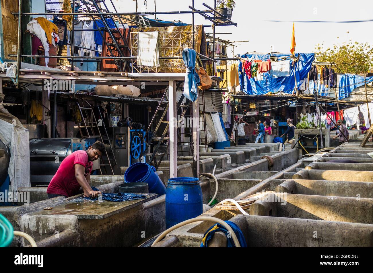 Mumbai, Maharashtra, Indien: EIN Dhobi-Waschermann arbeitet an einem individuellen Waschstift im 140 Jahre alten Dhobi Ghat Open-Air-Waschplatz, der angeblich der ist Stockfoto