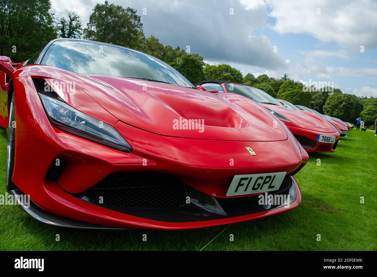 Egham, Surrey, Großbritannien. August 2021. Der Ferrari Owners Club brachte heute seine Autos zum Guards Polo Club und genoss ein Picknick vor dem Polo. Quelle: Maureen McLean/Alamy Live News Stockfoto