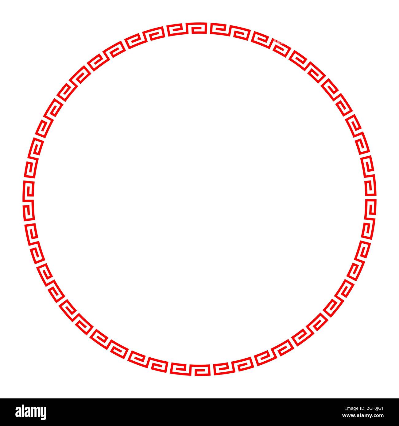 Roter Mäander-Kreis mit einfachem Mäander-Muster. Rahmen und Zierrand aus eckigen Spiralen, geformt zu einem nahtlosen Motiv. Griechischer Schlüssel. Stockfoto