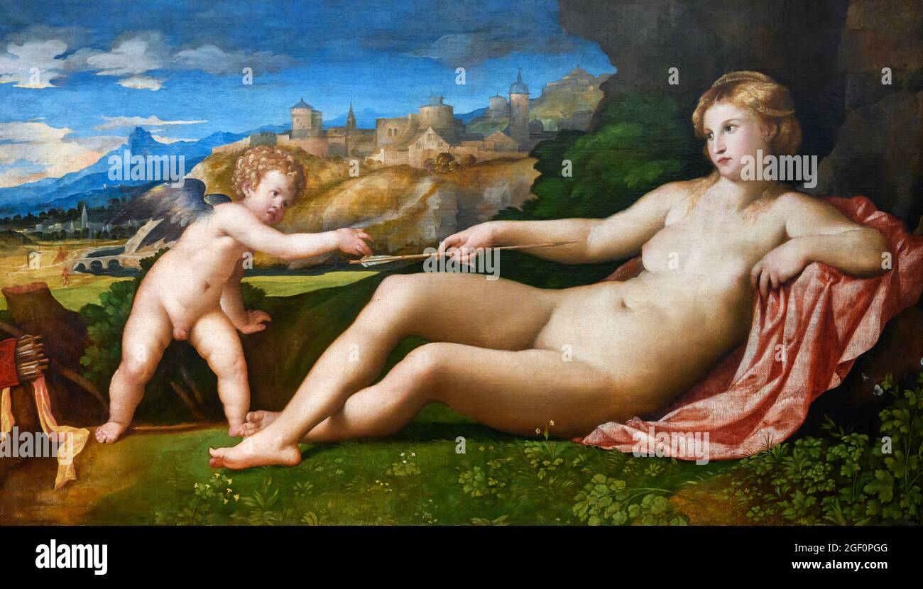 Venus und Amor von Palma il Vecchio (geb. Jacopo Palma c. 1480 -1528), Öl auf Leinwand, c. 1523/4 Stockfoto