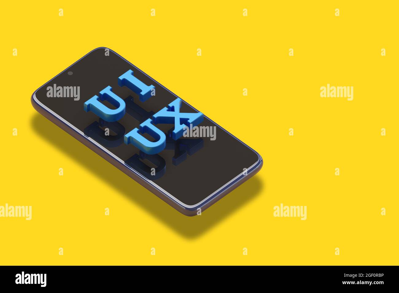 Mobiltelefon mit ui ux Text in drei Dimensionen. Isometrische Projektion. 3d-Illustration. Stockfoto