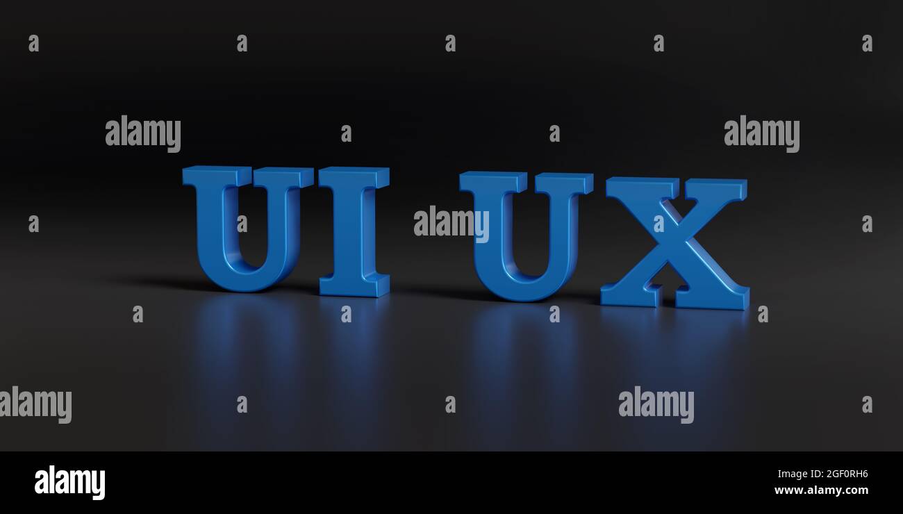 UI UX-Text in drei Dimensionen auf dunklem Hintergrund. 3d-Illustration. Stockfoto