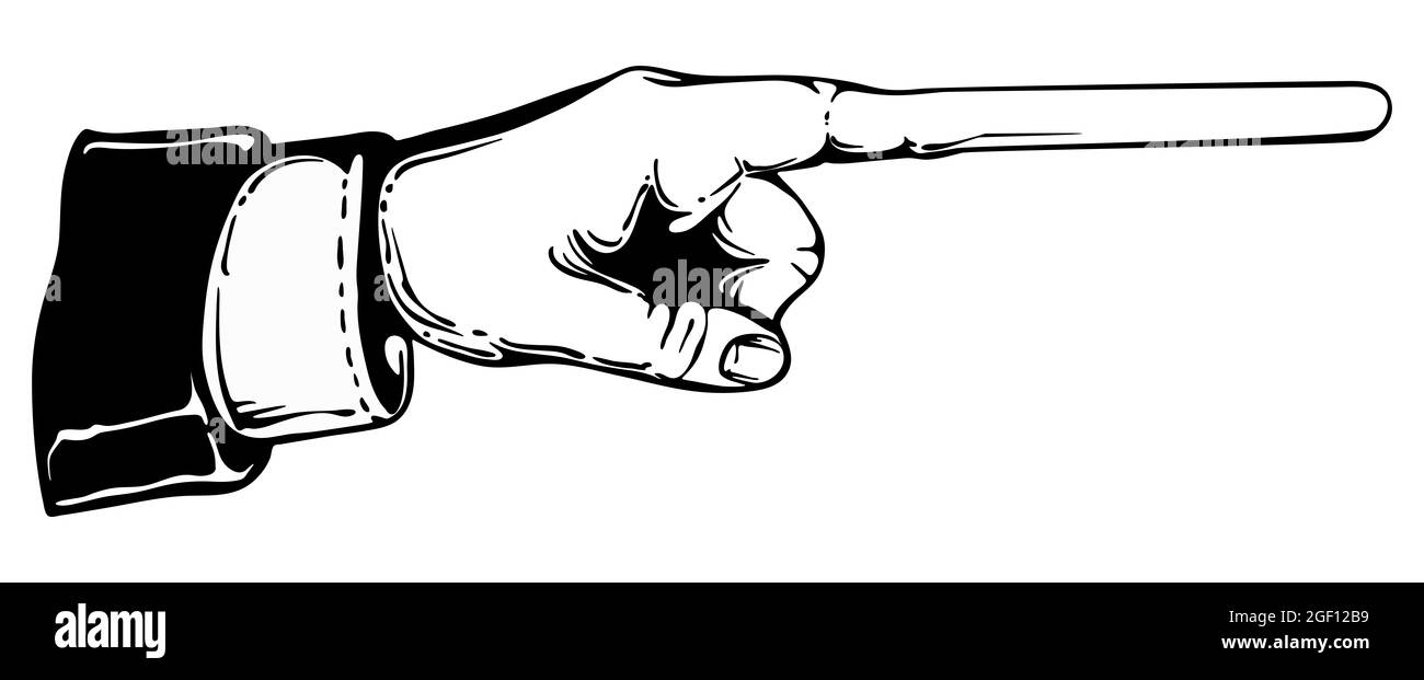 Sehr langer Zeigefinger zeigt zur Seite - bearbeitbarer Finger, Kopierbereich - Kopierbereich Stockfoto