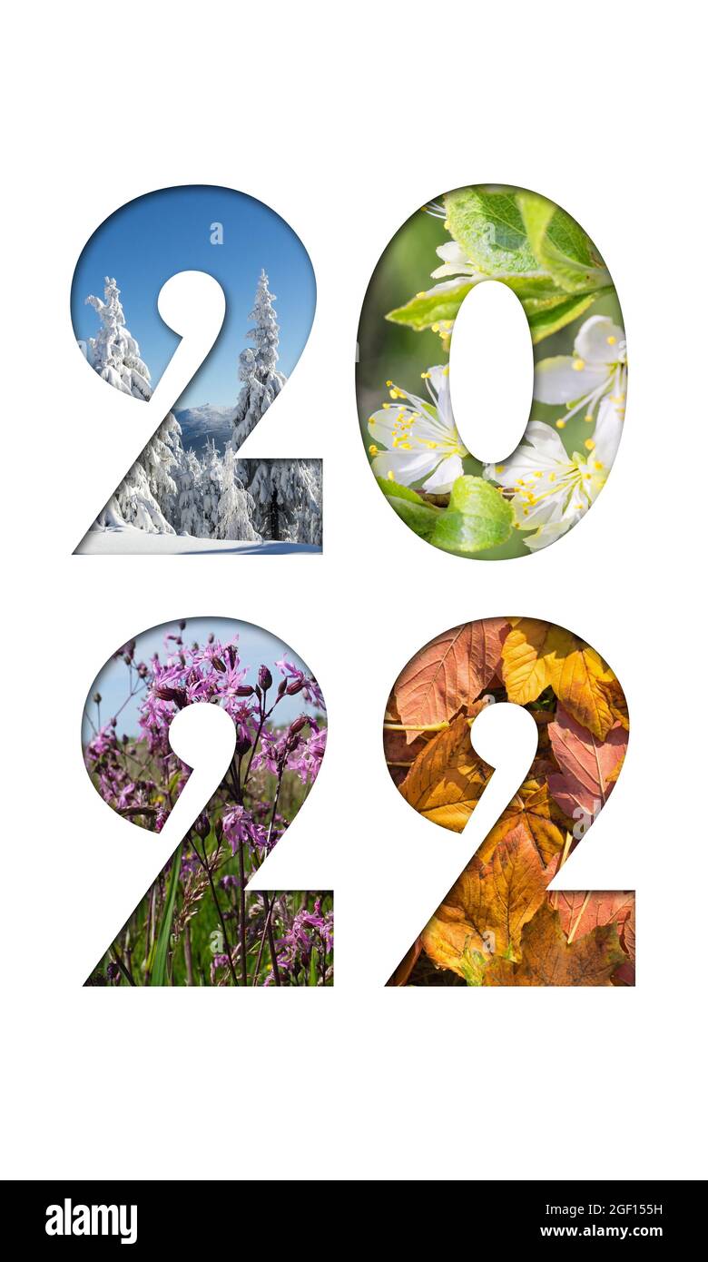 Nummer 2022 aus vier Jahreszeiten Fotos für Kalender, Flyer, Poster, Postkarte, Banner. Vertikales Bild. Stockfoto