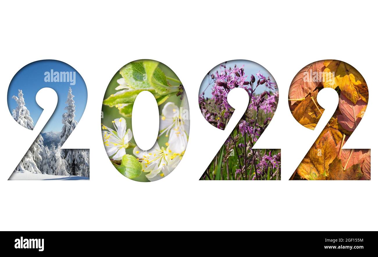 Nummer 2022 aus vier Jahreszeiten Fotos für Kalender, Flyer, Poster, Postkarte, Banner Stockfoto