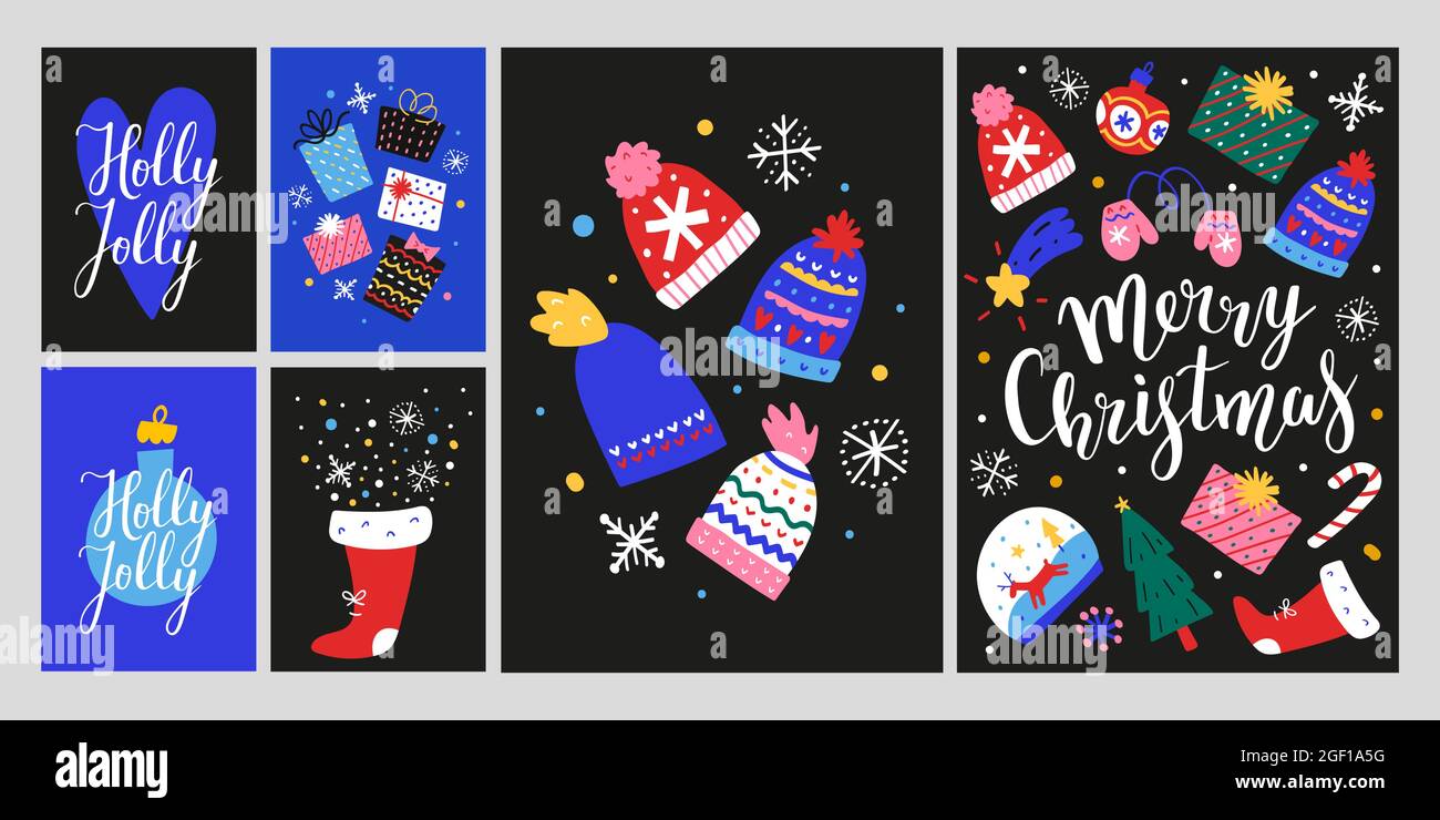 2021 Weihnachtskarten-Kollektion, skandinavische Postkarte mit Illustrationen von weihnachtsgeschenken, noel-Einladungen mit Schriftzug, Neujahr-Poster Stock Vektor