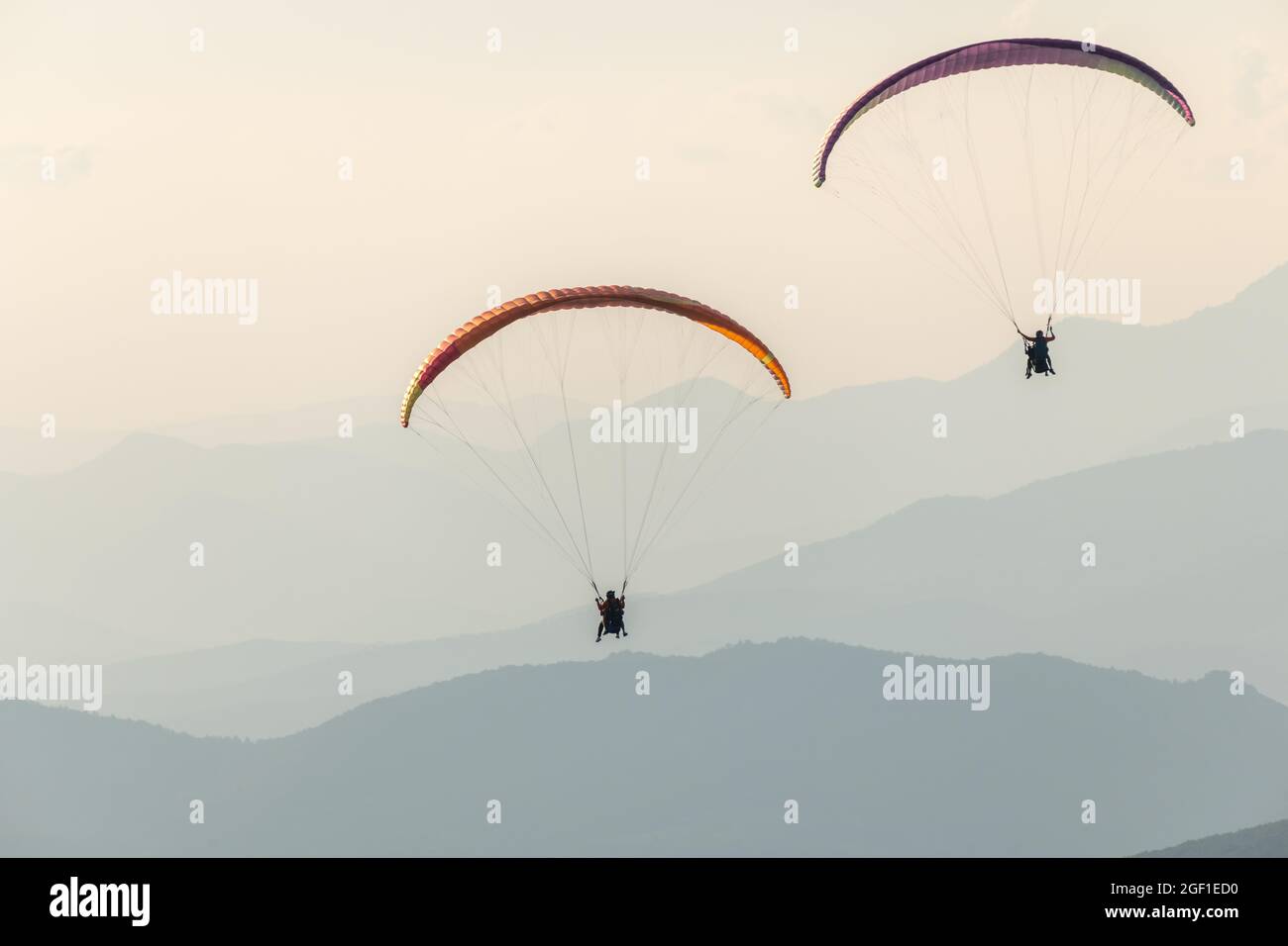 Gleitschirmflug in der Luft über die Berge. Drôme, Frankreich. Stockfoto