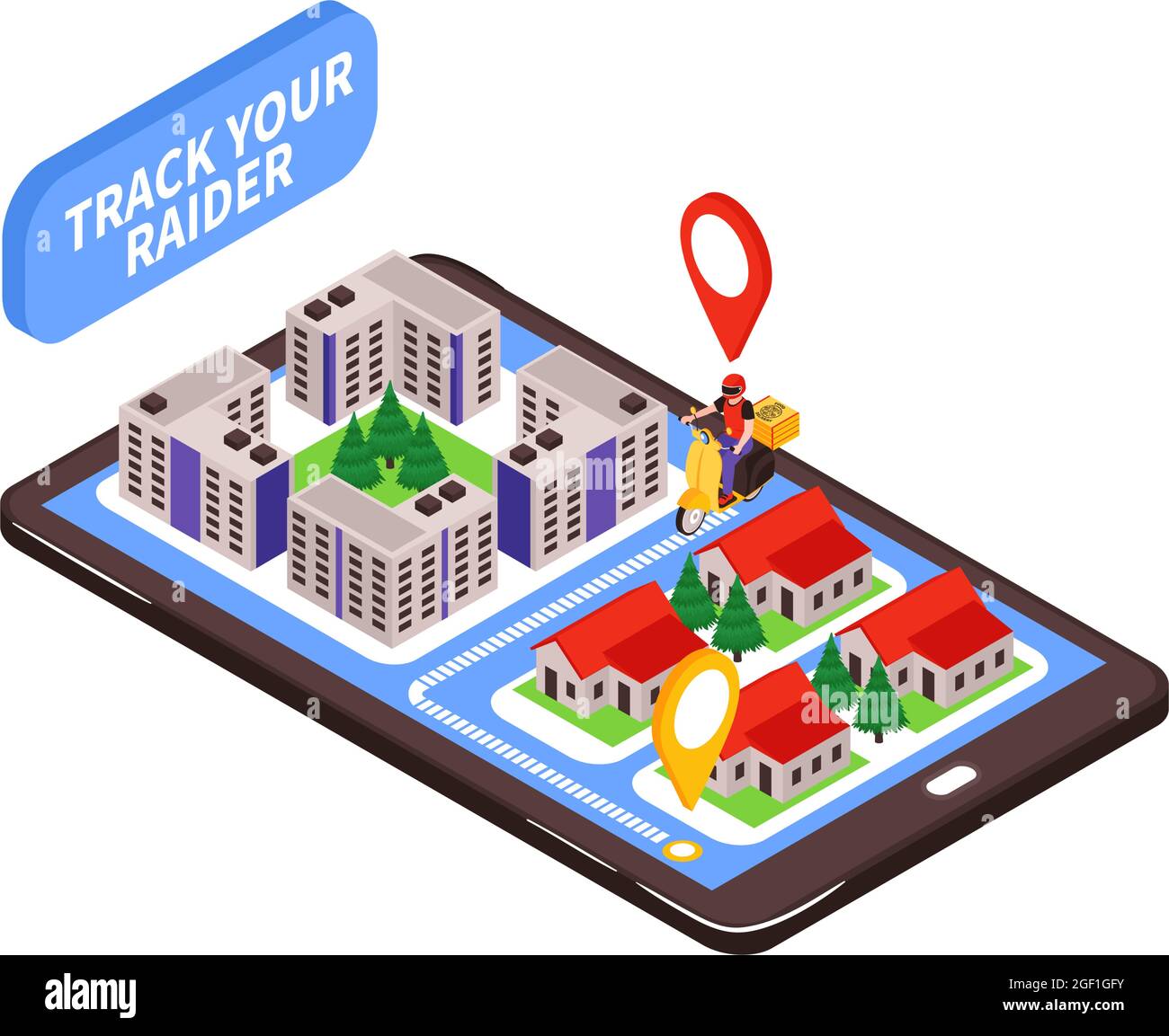 Isometrische Lieferung Lebensmittelzusammensetzung mit Smartphone Orderverfolgung App und Stadtplan mit Echtzeit-Position der Kurier Vektor Illustration Stock Vektor