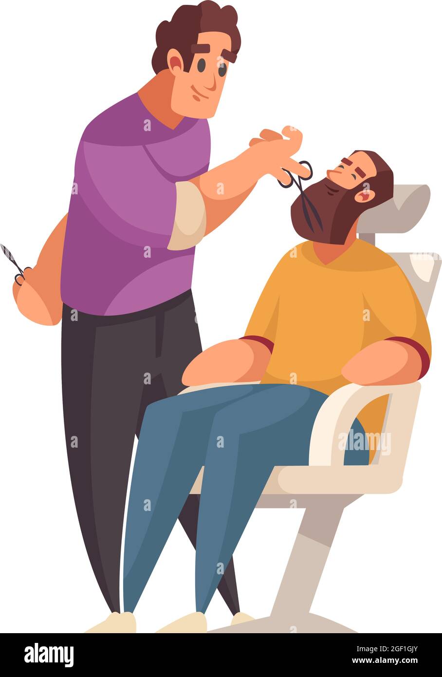 Lächelnder Barbier, der Mann mit Bart schneidet, flache Vektorgrafik Stock Vektor