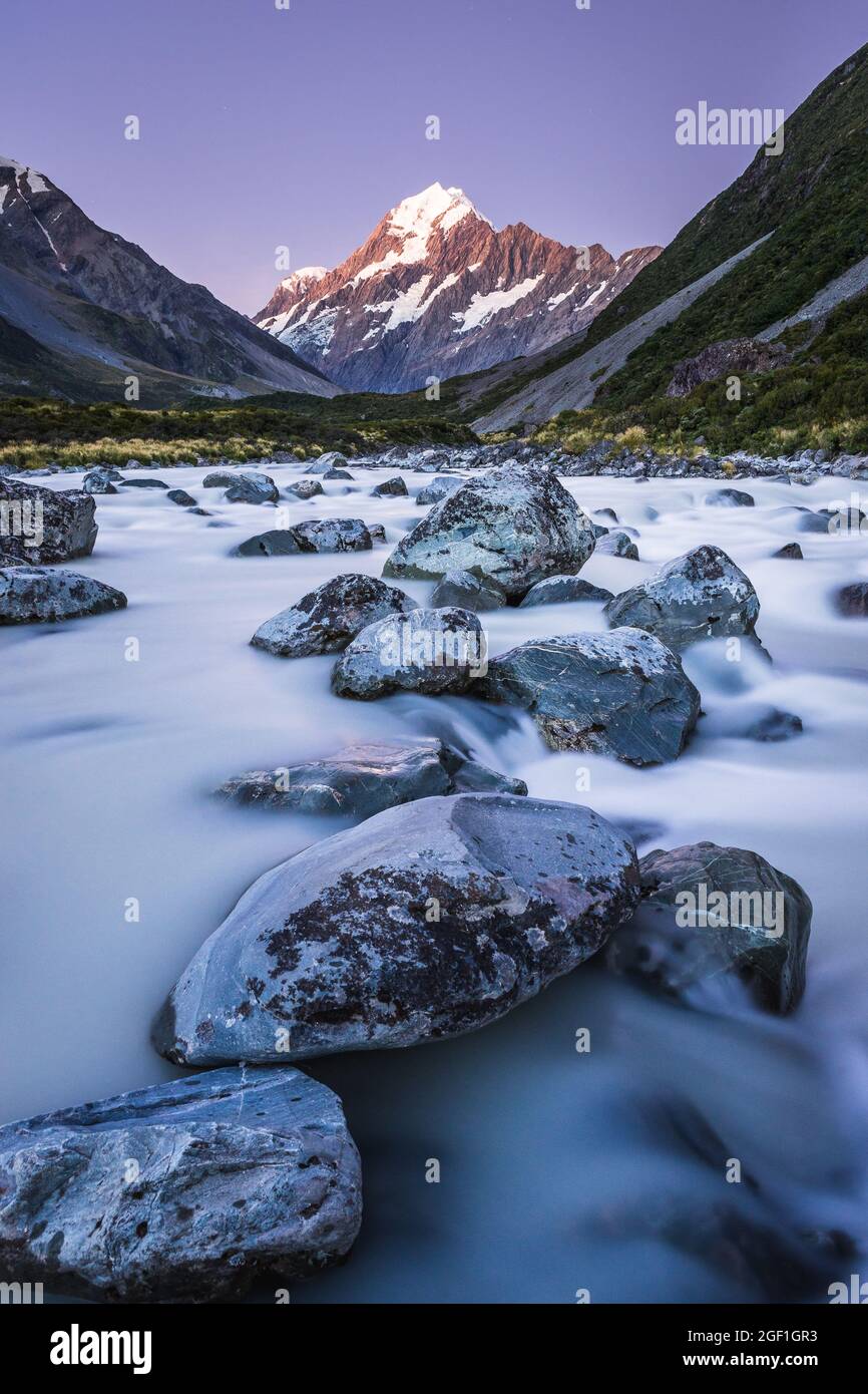 Hooker River und Aoraki Mount Cook, Aoraki Mount Cook National Park Stockfoto