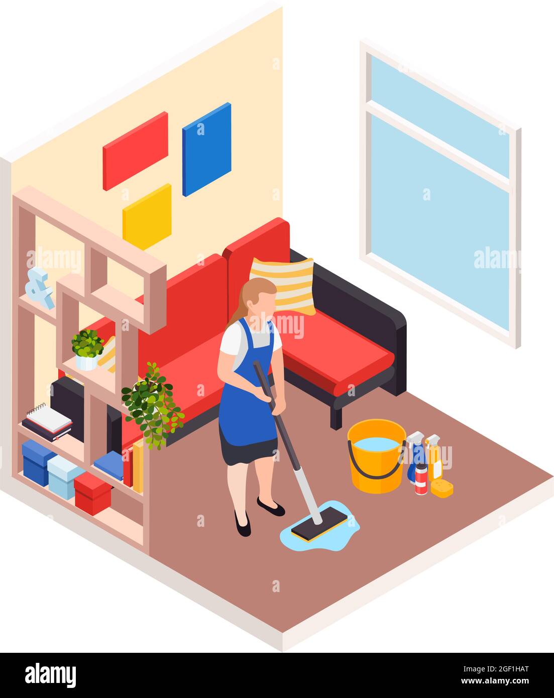 Renovierung Reparatur arbeitet isometrische Zusammensetzung mit Wohn-Raum-Interieur und Hausmädchen Charakter Vektor-Illustration Stock Vektor