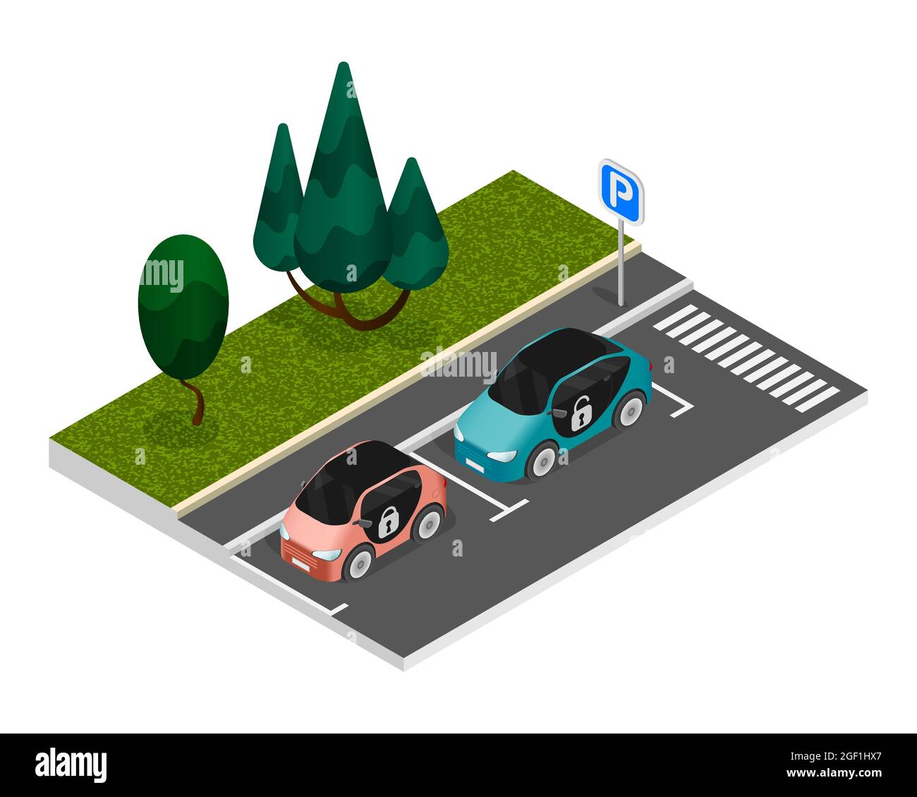 Isometrische farbige Parkzusammensetzung mit zwei ordnungsgemäß geparkten Autos, die am Straßenrand in einer Vektorgrafik des Parkplatzes stehen Stock Vektor