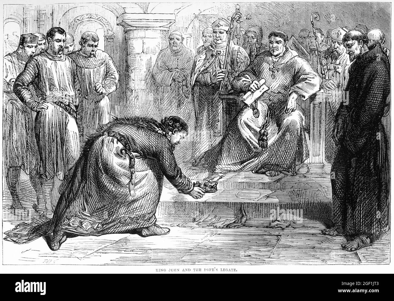 Gravur von König John, der seine Krone Pandulphus, dem Legat des Papstes, 1213 darbrachte, Illustration um 1890 Stockfoto