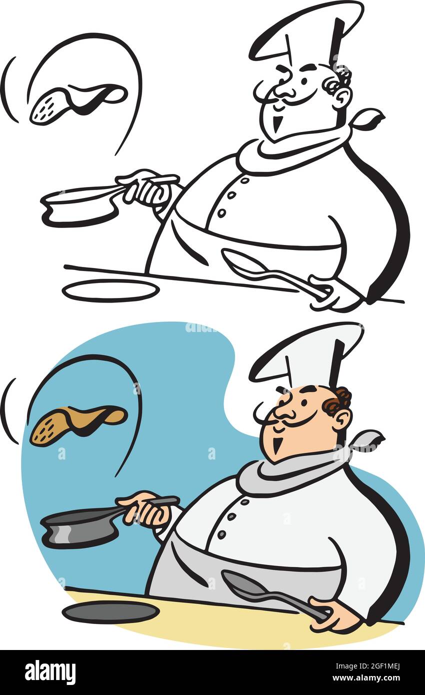 Ein Vintage Retro-Cartoon eines Küchenchefs, der einen Pfannkuchen in einer Pfanne dreht. Stock Vektor