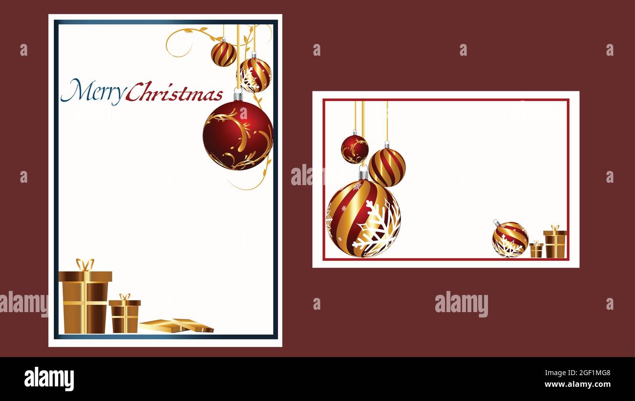 Weihnachts- und Neujahr-Vorlagenkarten-Set mit Gold- und roter Dekoration auf weißem Hintergrund. Stock Vektor