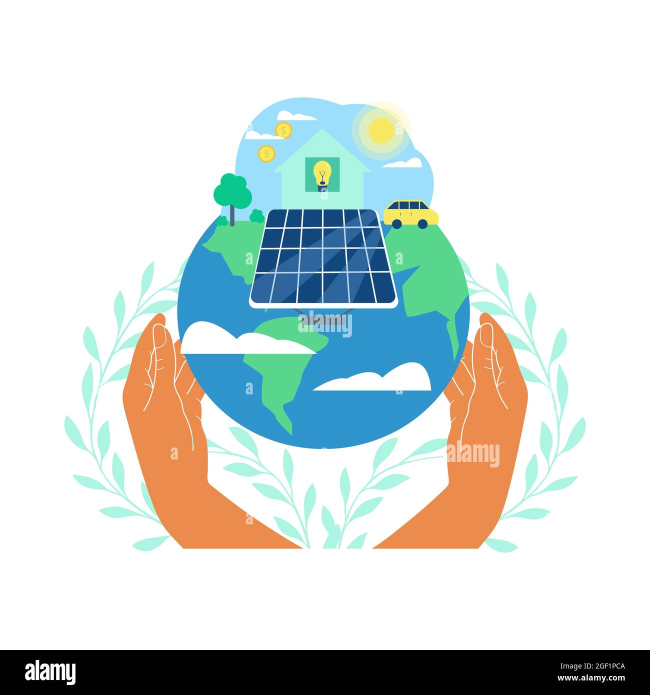 Menschliche Hände halten Solarpanel mit Dollar-Münze und Glühbirne an Solarpanel angeschlossen. Vektor-Illustration für das Konzept der Solarenergie Stock Vektor