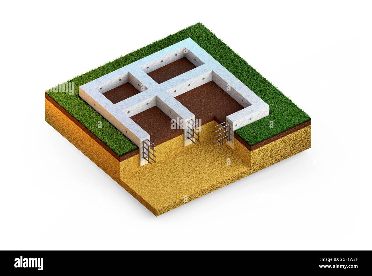 Gegossene Stahlbetonwandfundament, isolierte digitale industrielle 3D-Illustration Stockfoto