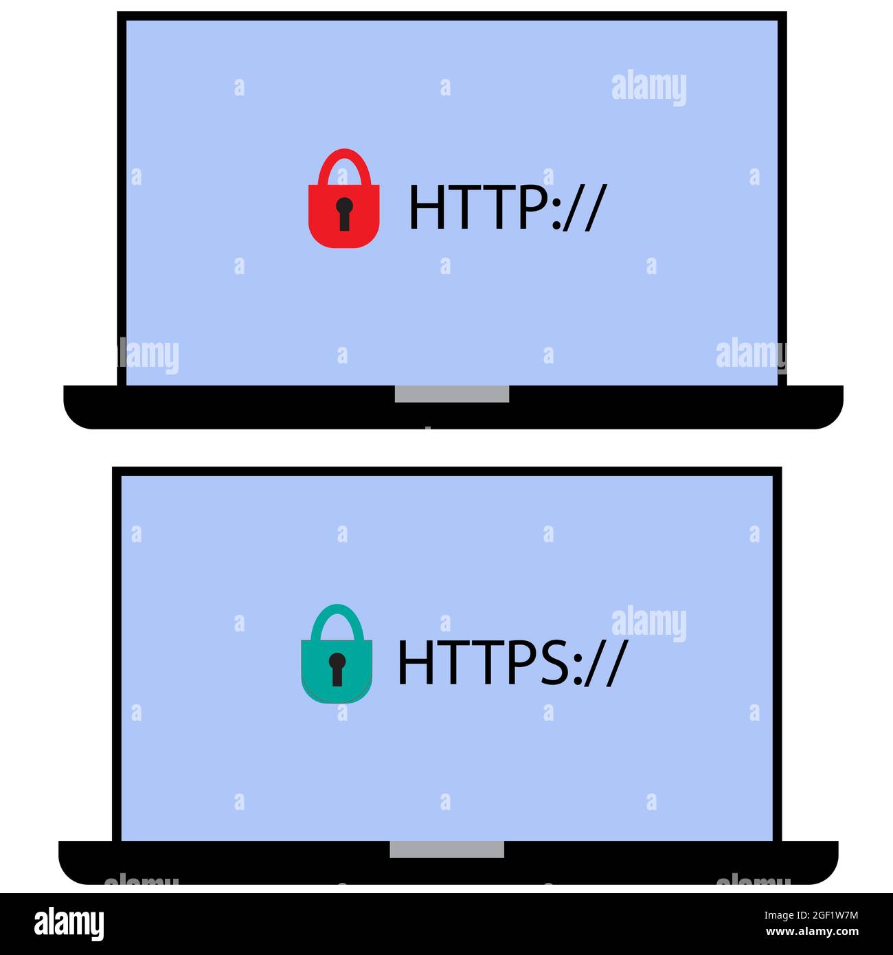 http- und https-Protokolle auf weißem Hintergrund. Sicheres Surfen im Internet und Zeichen der Datenverschlüsselung. Sicheres und sicheres https-Symbol. Flacher Stil. Stockfoto